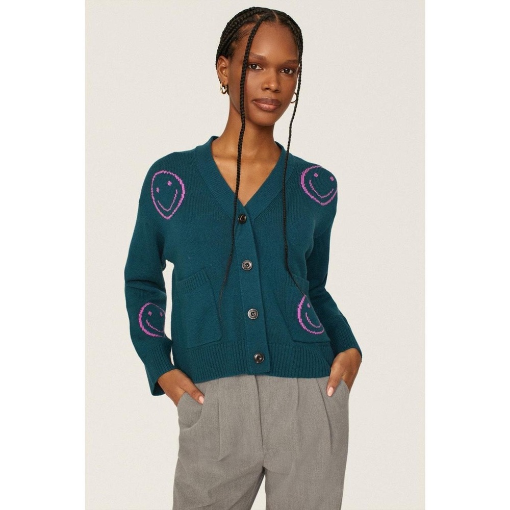 RAILS Reese turquoise cotton Cardigan happy faces - Forest - S